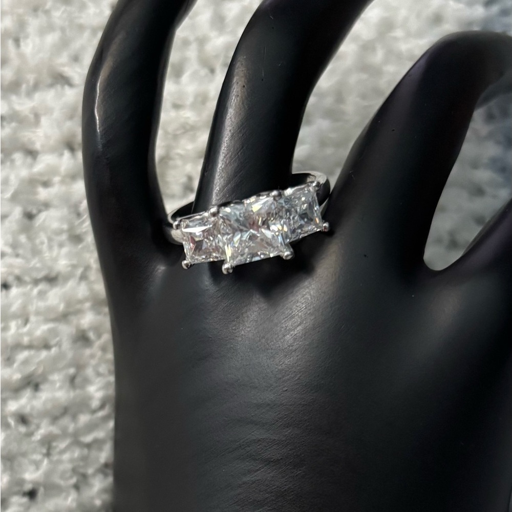 Diamonique Three-Stone Clear Cubic Zirconia Ring in Silver Tone 8 - Picture 3 of 8